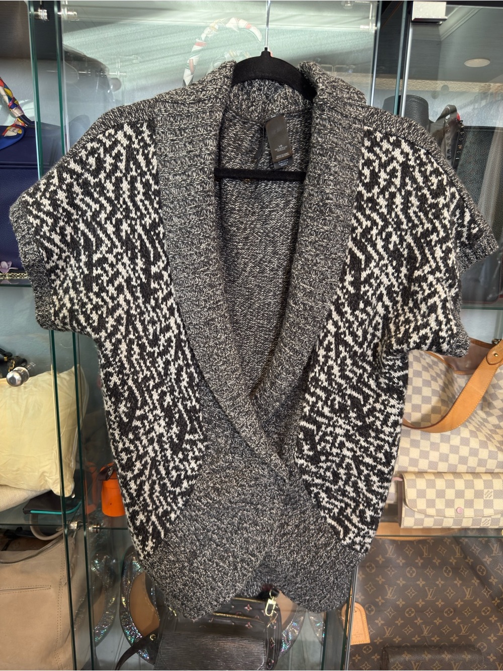 Black White Knit Shawl Collar Short Sleeve Sweater Cardigan Womens Large 341